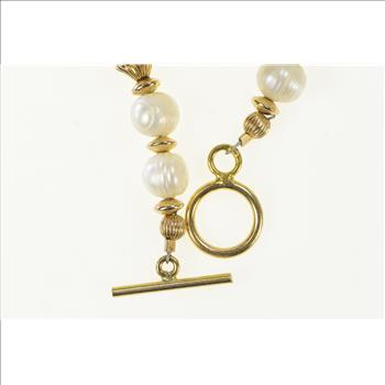 10K Retro Vintage Pearl Ornate Toggle Clasp Yellow Gold Bracelet 6.5