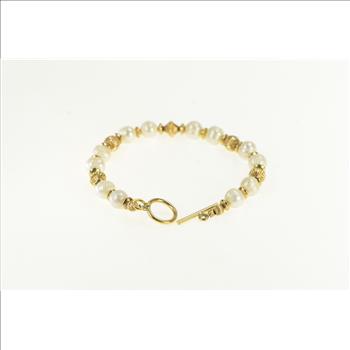 10K Retro Vintage Pearl Ornate Toggle Clasp Yellow Gold Bracelet 6.5