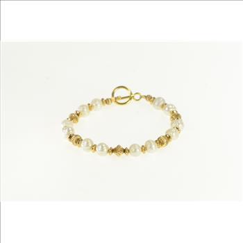 10K Retro Vintage Pearl Ornate Toggle Clasp Yellow Gold Bracelet 6.5