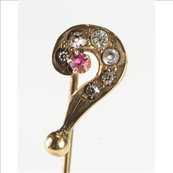 10K Rhinestone Inset Victorian Question Mark Curve Yellow Gold Stick Pin