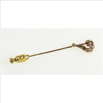 10K Rhinestone Inset Victorian Question Mark Curve Yellow Gold Stick Pin