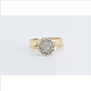 10K Round Diamond Cluster Vintage Statement Yellow Gold Ring, Size 7.25