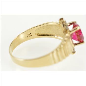 10K Round Syn. Ruby Cubic Zirconia Grooved Design Yellow Gold Ring, Size 6.5