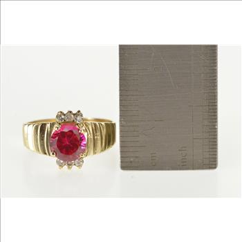 10K Round Syn. Ruby Cubic Zirconia Grooved Design Yellow Gold Ring, Size 6.5