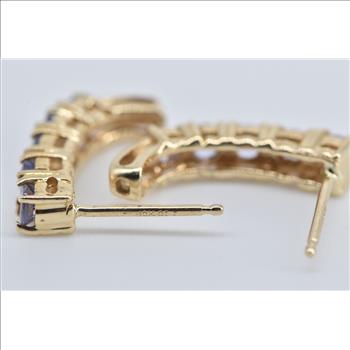 10K Round Tanzanite Curved Bar Dangle Stud Yellow Gold Earrings