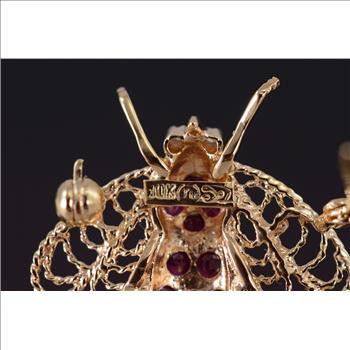 10K Ruby Diamond Encrusted Bumble Bee Fly Yellow Gold Pin/Brooch
