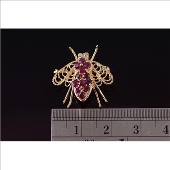 10K Ruby Diamond Encrusted Bumble Bee Fly Yellow Gold Pin/Brooch