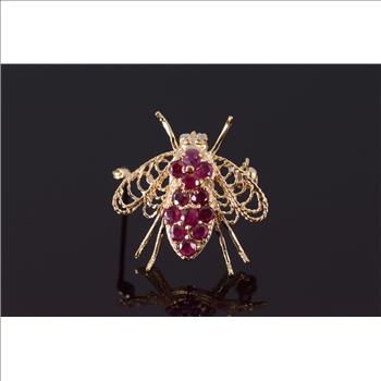 10K Ruby Diamond Encrusted Bumble Bee Fly Yellow Gold Pin/Brooch