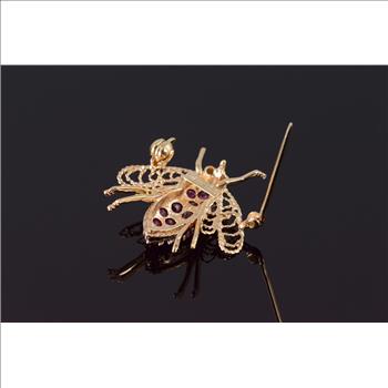 10K Ruby Diamond Encrusted Bumble Bee Fly Yellow Gold Pin/Brooch