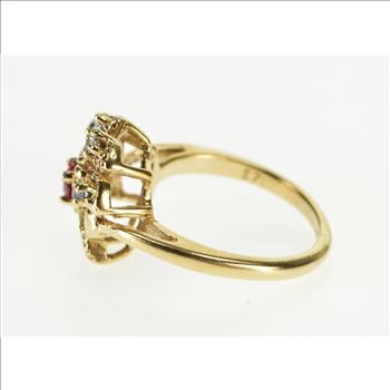 10K Ruby Diamond Inset Textured Leaf Cluster Yellow Gold Ring, Size 5.25