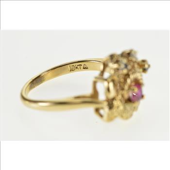 10K Ruby Diamond Inset Textured Leaf Cluster Yellow Gold Ring, Size 5.25