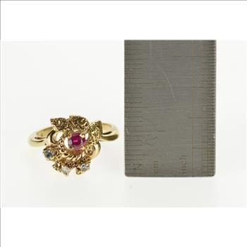 10K Ruby Diamond Inset Textured Leaf Cluster Yellow Gold Ring, Size 5.25