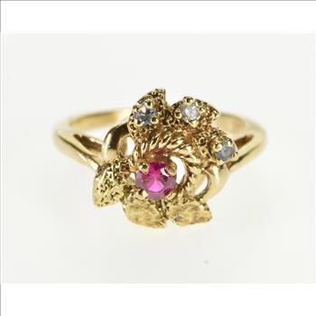 10K Ruby Diamond Inset Textured Leaf Cluster Yellow Gold Ring, Size 5.25