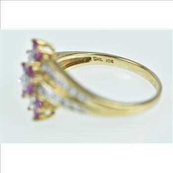 10K Ruby Flower Cluster Diamond Accent Bypass Yellow Gold Ring, Size 9.5