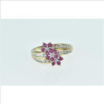 10K Ruby Flower Cluster Diamond Accent Bypass Yellow Gold Ring, Size 9.5