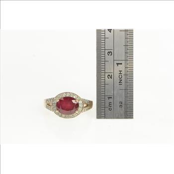 10K Ruby White Sapphire Halo Engagement Rose Gold Ring, Size 8.25