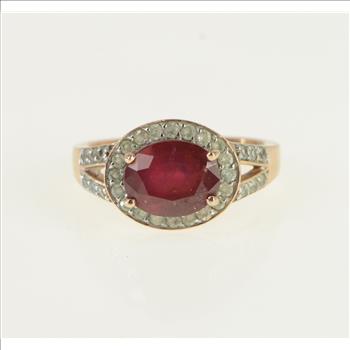 10K Ruby White Sapphire Halo Engagement Rose Gold Ring, Size 8.25
