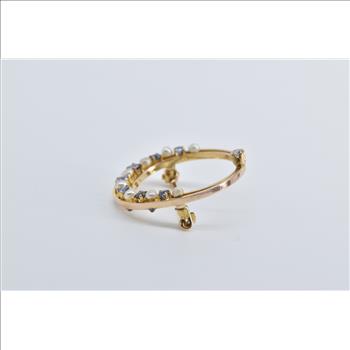 10K Seed Pearl Syn. Sapphire Diamond Moon Circle Yellow Gold Pin/Brooch