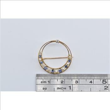 10K Seed Pearl Syn. Sapphire Diamond Moon Circle Yellow Gold Pin/Brooch