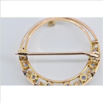 10K Seed Pearl Syn. Sapphire Diamond Moon Circle Yellow Gold Pin/Brooch