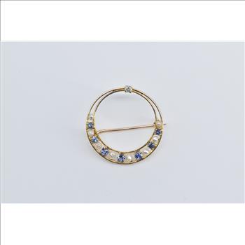 10K Seed Pearl Syn. Sapphire Diamond Moon Circle Yellow Gold Pin/Brooch