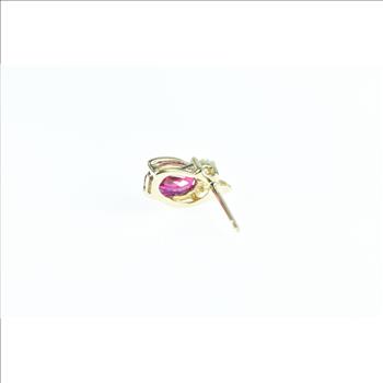 10K Single Oval Syn. Ruby Diamond Accent Stud Yellow Gold Earring