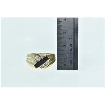 10K Squared Black Onyx Diamond Slanted Vintage Yellow Gold Ring, Size 10