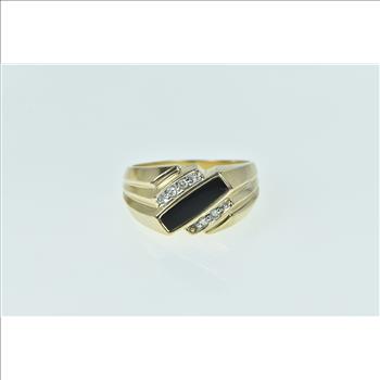 10K Squared Black Onyx Diamond Slanted Vintage Yellow Gold Ring, Size 10
