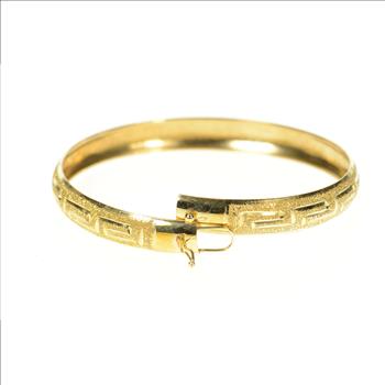 10K Textured Greek Wave Pattern Oval Bangle Yellow Gold Bracelet 7.25