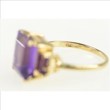 10K Three Stone Emerald Cut Amethyst Yellow Gold Ring, Size 6