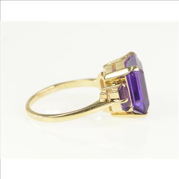 10K Three Stone Emerald Cut Amethyst Yellow Gold Ring, Size 6