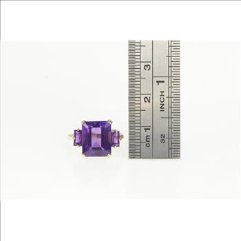10K Three Stone Emerald Cut Amethyst Yellow Gold Ring, Size 6