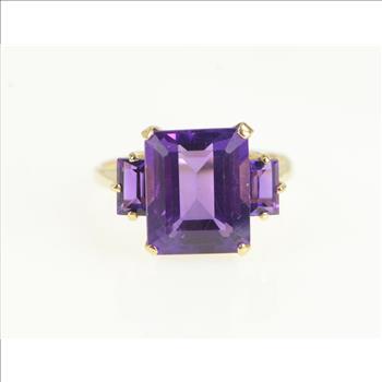 10K Three Stone Emerald Cut Amethyst Yellow Gold Ring, Size 6