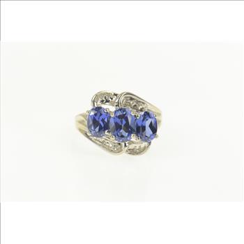 10K Three Stone Iolite Diamond Wavy Engagement White Gold Ring, Size 7
