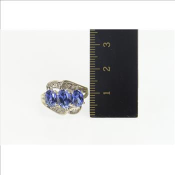 10K Three Stone Iolite Diamond Wavy Engagement White Gold Ring, Size 7