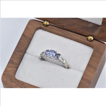 10K Three Stone Tanzanite Diamond Accent Vintage White Gold Ring, Size 7