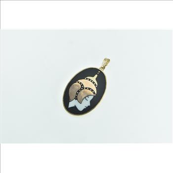 10K Tibetan Buddhist Black Onyx Enamel Gold Inlay Yellow Gold Pendant