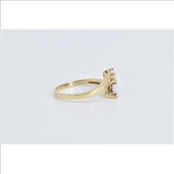 10K Trillion Syn. Opal Diamond Vintage Bypass Yellow Gold Ring, Size 7.75