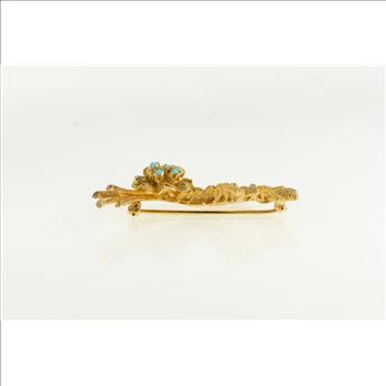 10K Turquoise Cluster Fern Leaf Sprig Retro Yellow Gold Pin/Brooch