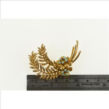 10K Turquoise Cluster Fern Leaf Sprig Retro Yellow Gold Pin/Brooch