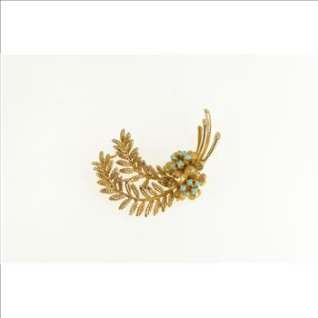 10K Turquoise Cluster Fern Leaf Sprig Retro Yellow Gold Pin/Brooch