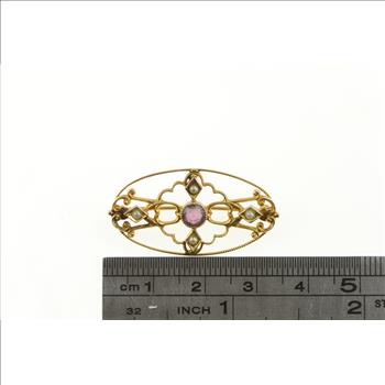10K Victorian Amethyst Seed Pearl Oval Filigree Yellow Gold Pin/Brooch