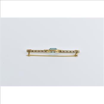 10K Victorian Blue Topaz Ornate Filigree Bar Yellow Gold Pin/Brooch
