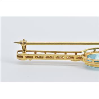 10K Victorian Blue Topaz Ornate Filigree Bar Yellow Gold Pin/Brooch