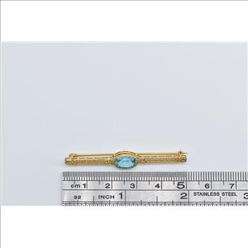10K Victorian Blue Topaz Ornate Filigree Bar Yellow Gold Pin/Brooch