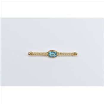 10K Victorian Blue Topaz Ornate Filigree Bar Yellow Gold Pin/Brooch