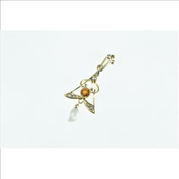 10K Victorian Citrine Pearl Dangle Ornate Drop Yellow Gold Pendant