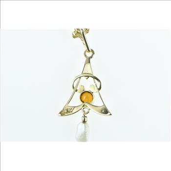 10K Victorian Citrine Pearl Dangle Ornate Drop Yellow Gold Pendant