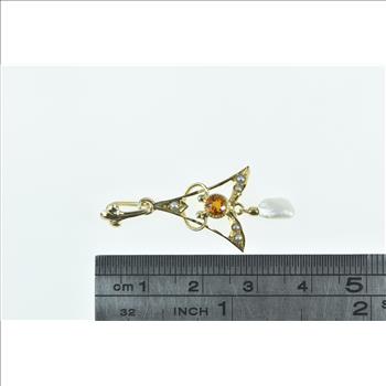 10K Victorian Citrine Pearl Dangle Ornate Drop Yellow Gold Pendant