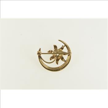 10K Victorian Crescent Moon Flower Pearl Yellow Gold Pin/Brooch